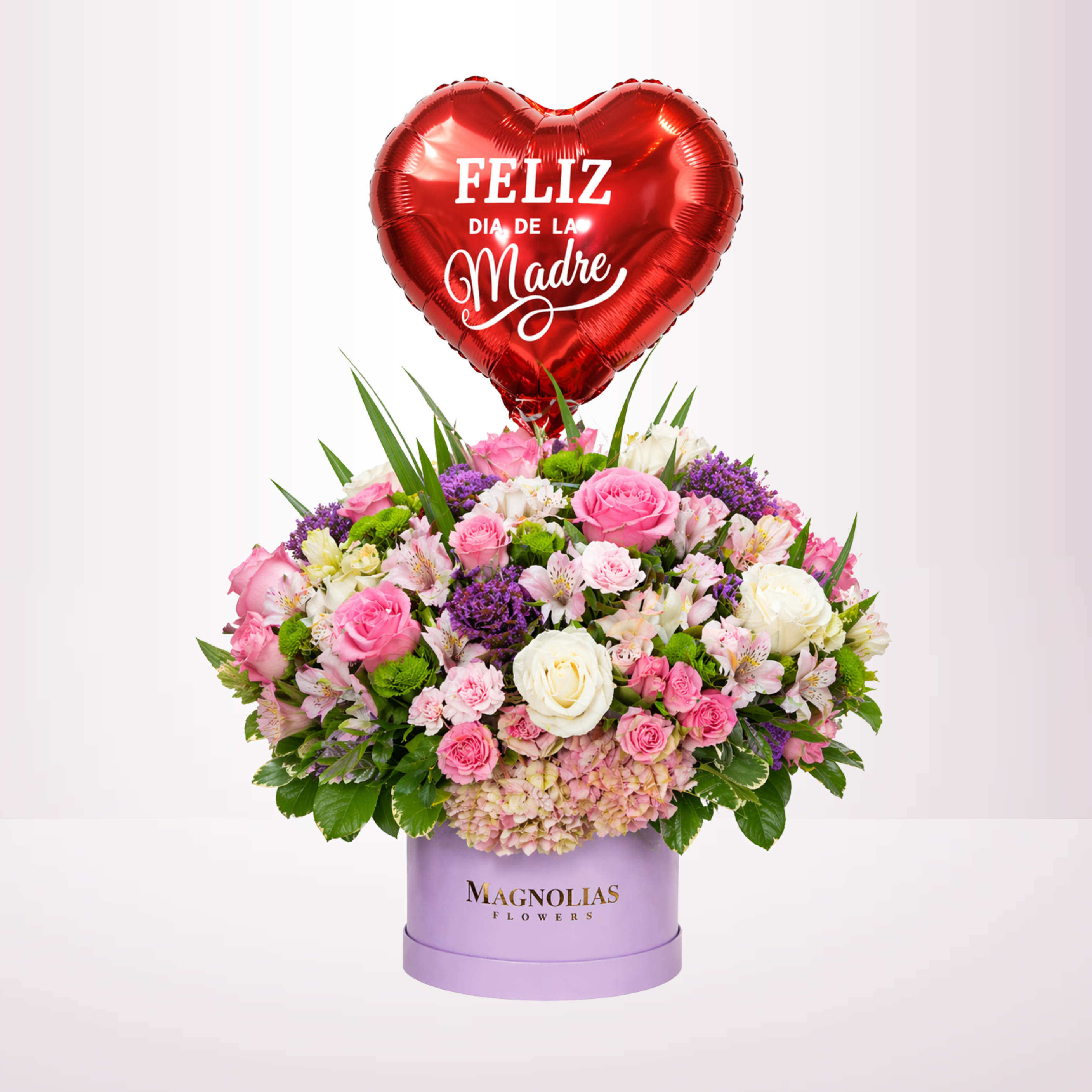 BOX DE ROSAS, HORTENSIAS, CLAVELES Y GLOBO GRANDE